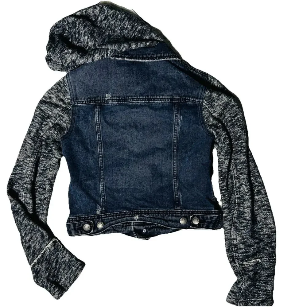 Free People Knit Hooded Denim Jacket Womens Distressed Gray Sweater Sleeves S